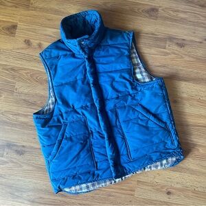 Vintage Men’s Blue Quilted Puffer Vest with Brown Plaid Lining‎